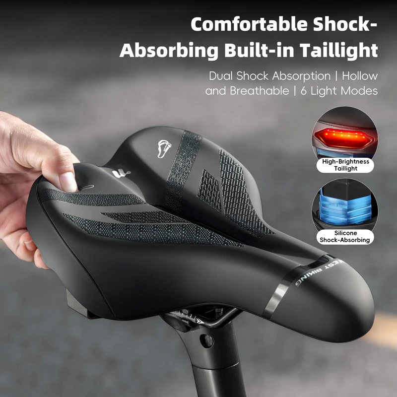 

Велосипедное седло со светодиодным задним фонарем, 6 режимов освещения, набивка из пены с эффектом памяти, зарядка TYPE-C, защита от атмосферных воздействий, для ночной безопасности на велосипеде