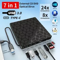 7 in 1 External DVD Burner USB 3.0/Type-C DVD Optical Drive Recorder CD/DVD Player Supports Card Expansion For Desktop Laptop PC