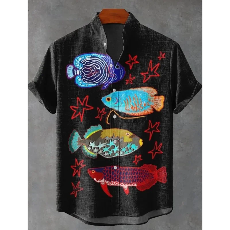 Men's New Fishing Enthusiast Clothing Elegant Fish Print Summer Short Sleeved Shirt Linen Comfortable Fabric Button Top