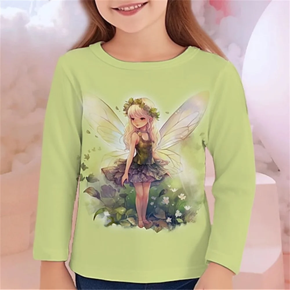 Children's Clothing Girl T-Shirt Long Sleeve Cartoon Butterfly Elf Print Kids Spring Fall Clothes Casual Outdoor Girl Clothes