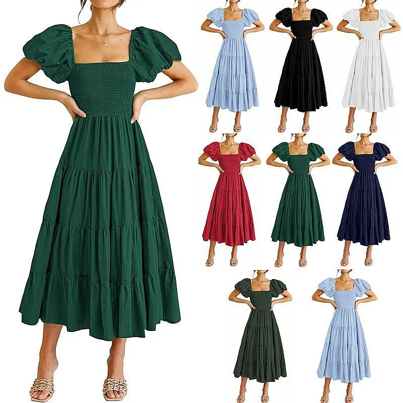 Women's Square Neck Backless Bubble Sleeve Ruffle Short Dress Dresses Spring Summer