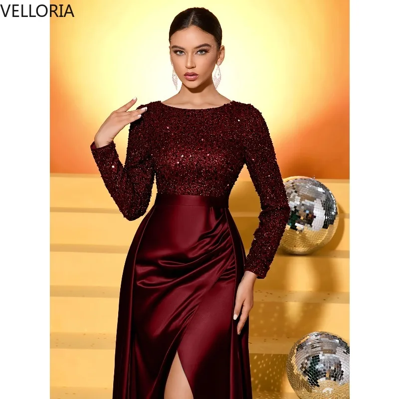 Elegant Burgundy Long Sleeve Party Dress Sequin Top Satin Evening Gown Custom 2025 Ball Gown Vestdos De Fiesta Customized