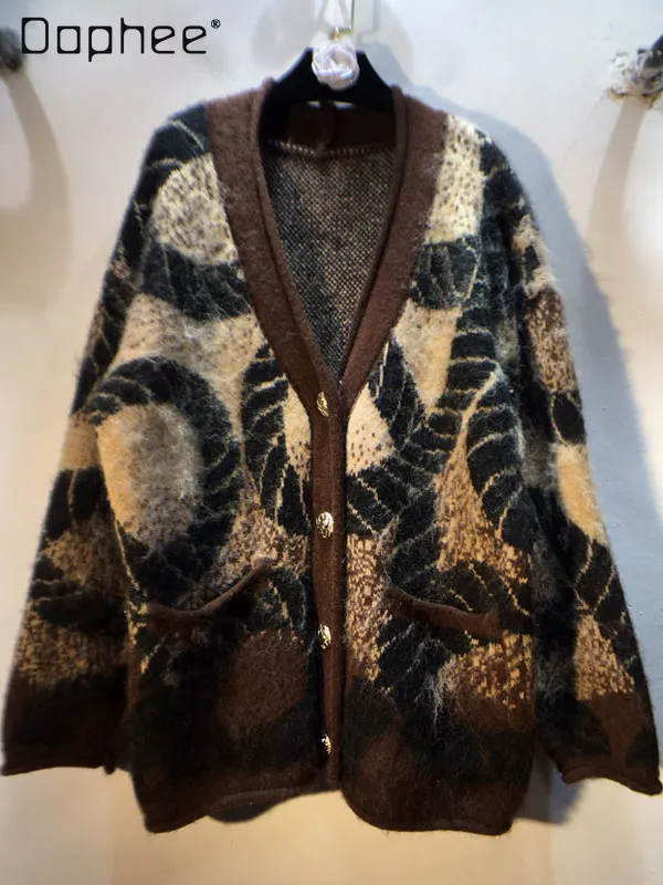 

European Station Autumn New Fashion Elegant Retro Jacquard Loose Slimming Long Sleeve Sweater Cardigan Coat for Women