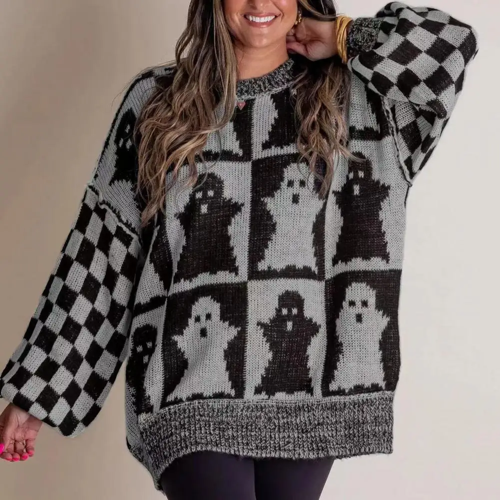 Autumn Sweater Spooky Pumpkin Ghost Plaid Sweater Oversized Crew Neck Halloween Knitwear Haunted Checkered Long Sleeve Pullover