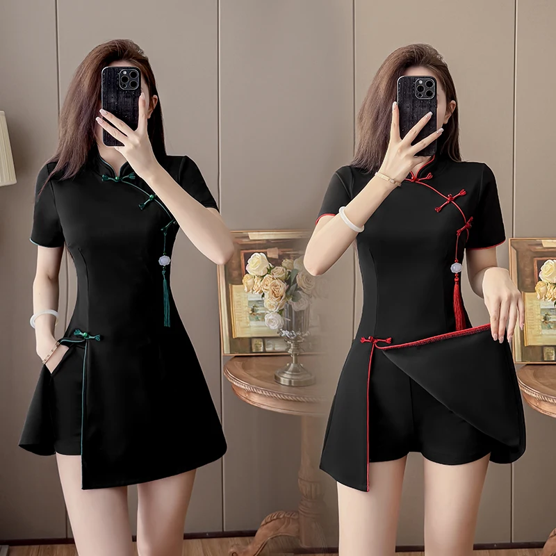 2026 New Chinese Style Black Tassel Cheongsam Dress+Shorts 2 Piece Set Women Red Green Side Split Slim Fit Summer Outfit view 3