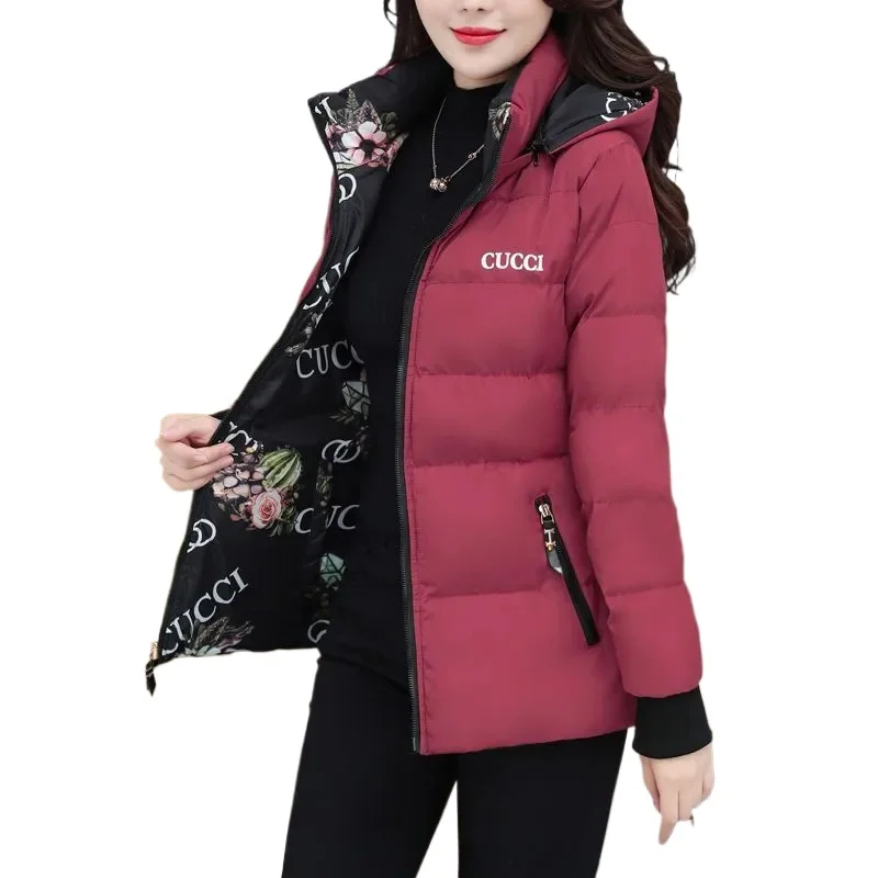 2024 Winter New Double-Sided Down Cotton Jacket Padded Jackets Women's Loose Cotton Coat Fashion Printing Hooded Parkas Overcoat