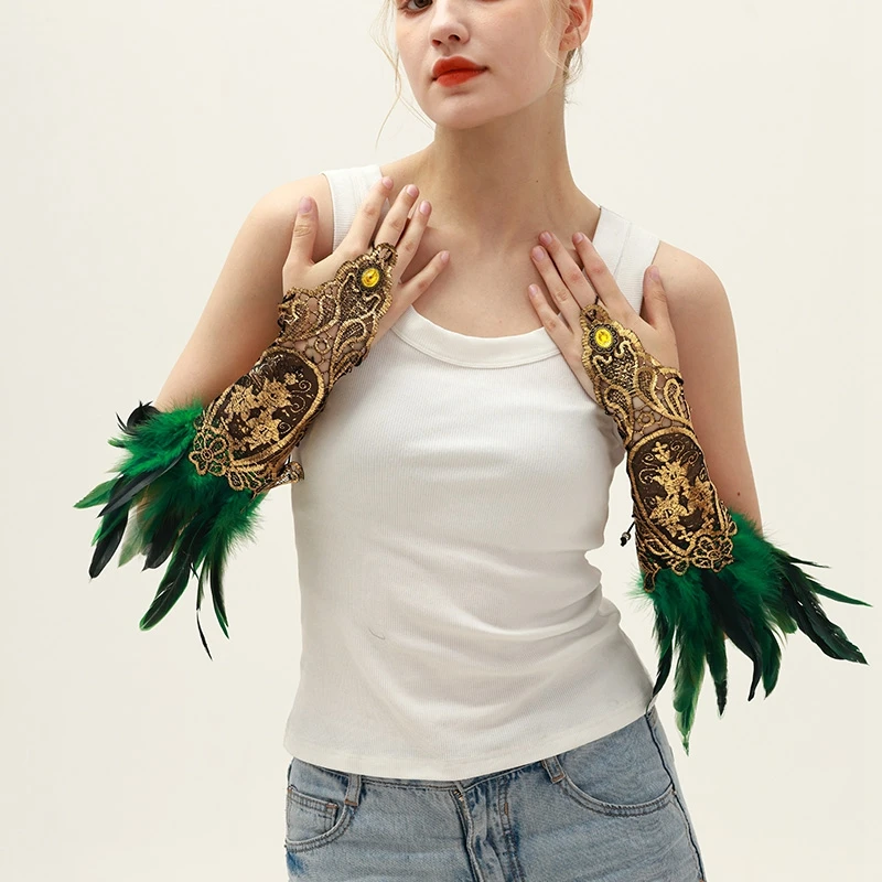Feather Gloves Gothic Feather Lace Wristlets Comfortable Women's Accessories Halloween Costumes Feather Cuffs Carnival