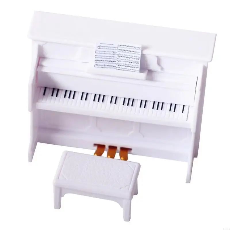 L43A Plastic Dollhouse Miniature Piano with Stool Mini Dollhouse Instrument Model