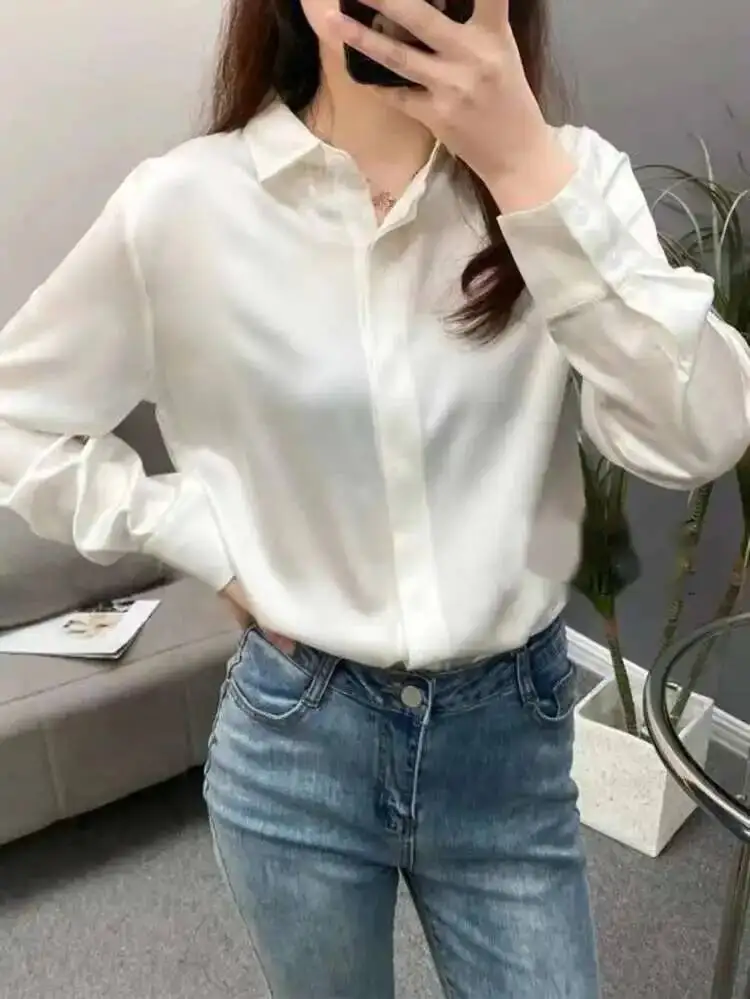 Women 93% Real Silk Long Sleeve Shirts Turn Down Collar Straight Loose Single Breasted Office Lady Tops