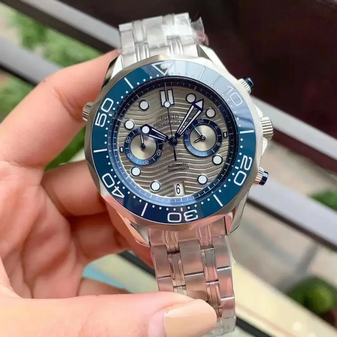 Montre chronographe à Quartz pour hommes, 44mm, haute qualité, noir, bleu, céramique, acier inoxydable, caoutchouc lumineux, or Rose