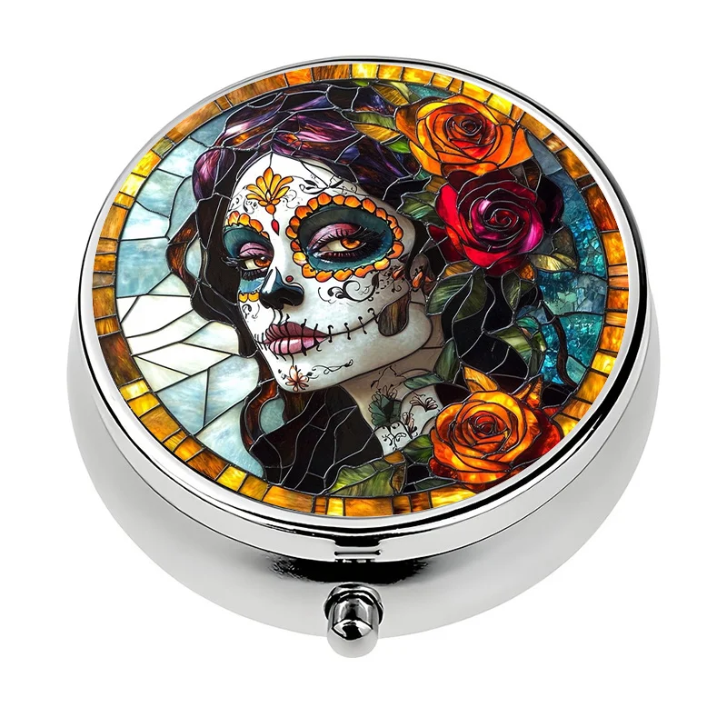1Pc Mexican Sugar Skull Metal/Plastic Pill Box - 3-Compartment Spanish Calavera Design Medication Organizer with Day of the Dead Art, Compact Vitamin Case, Unique Gift for Purse, Pocket, or Día De Los Muertos Fans