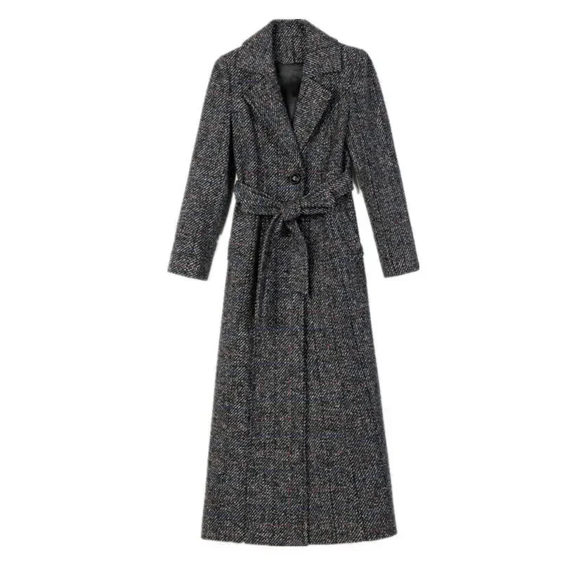 Plaid Woolen Coat Women's New 2023 Autumn/Winter Korean Version New Loose and Thickened Long Slim Fit Fabric Coat Button Lace Up