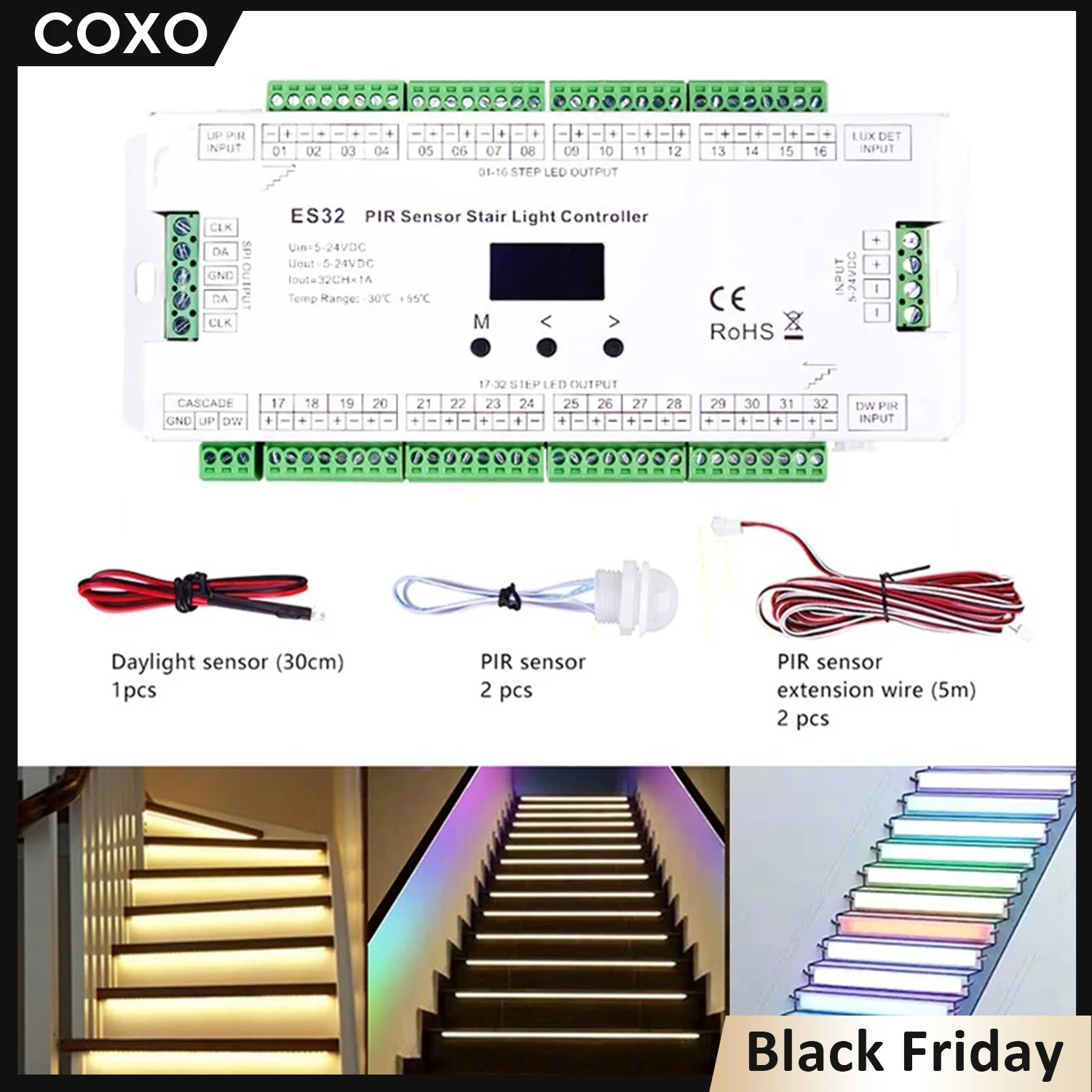 

ES32 Stairs Led Light Controller PIR Sensor 32CH Single Color 2CH RGB Pixel SPI LED Strip Dimmer Sensor Stair Light Controller