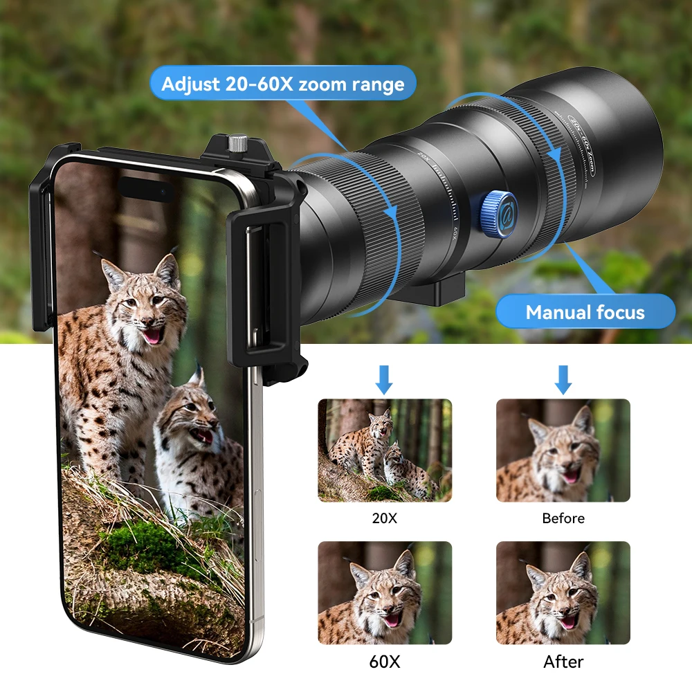 APEXEL HD Zoom Lens 20-60x Telephoto Telescope Lenses High Power Tele for Bird-watching Camping iPhone Xiaomi Phones Mobile Lens