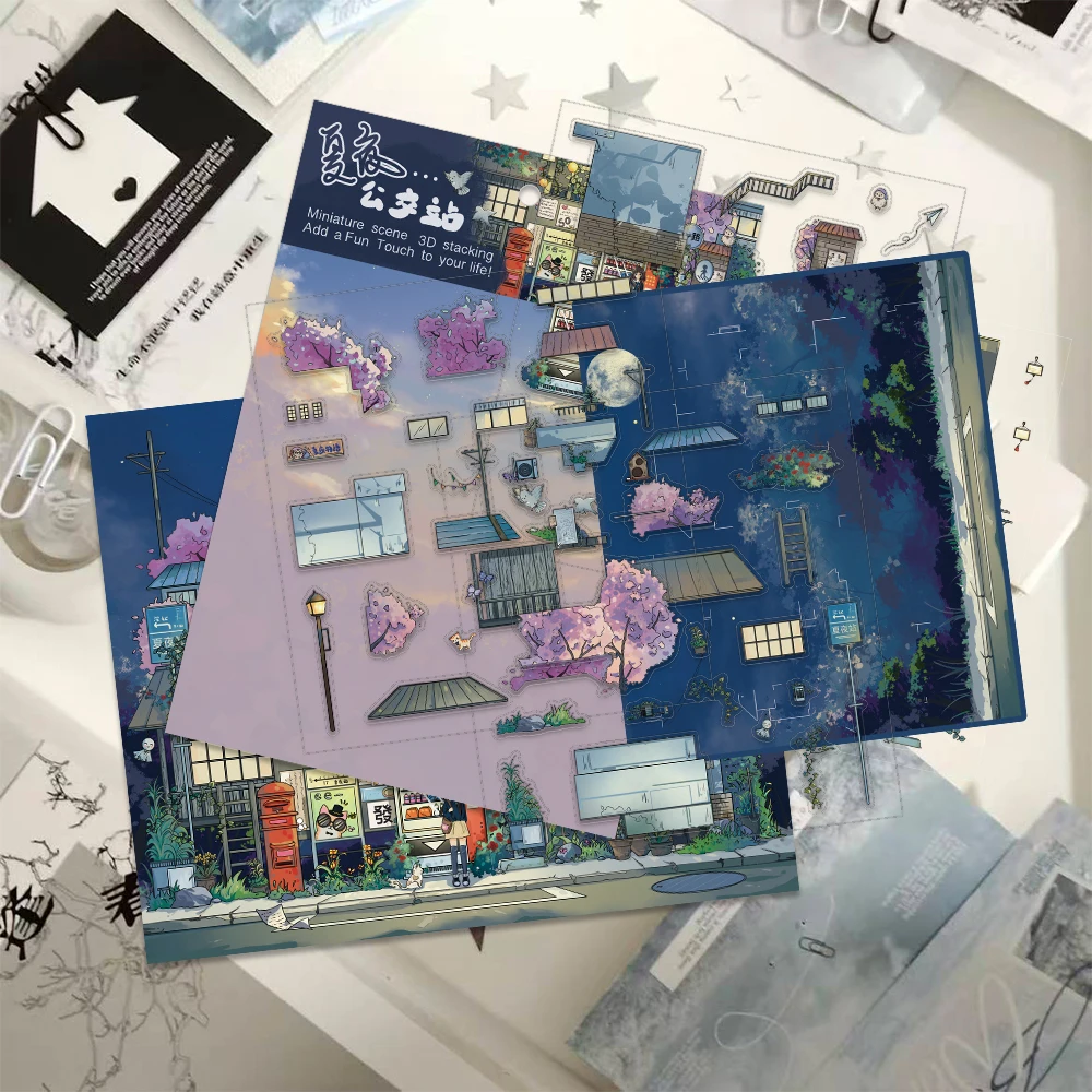 1 set miniatuur scène DIY-stickers zomernacht busstopkit bureau boekenkast decor casual speelspeelgoed voor kunstliefhebbers vakantiecadeau