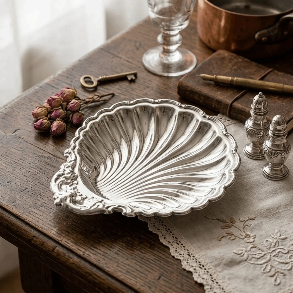 Vintage Dessert Plate Silver Color Shell Shape Embossed Food Tray Embossed Details Decorative Shell Shaped Dish Photo Props