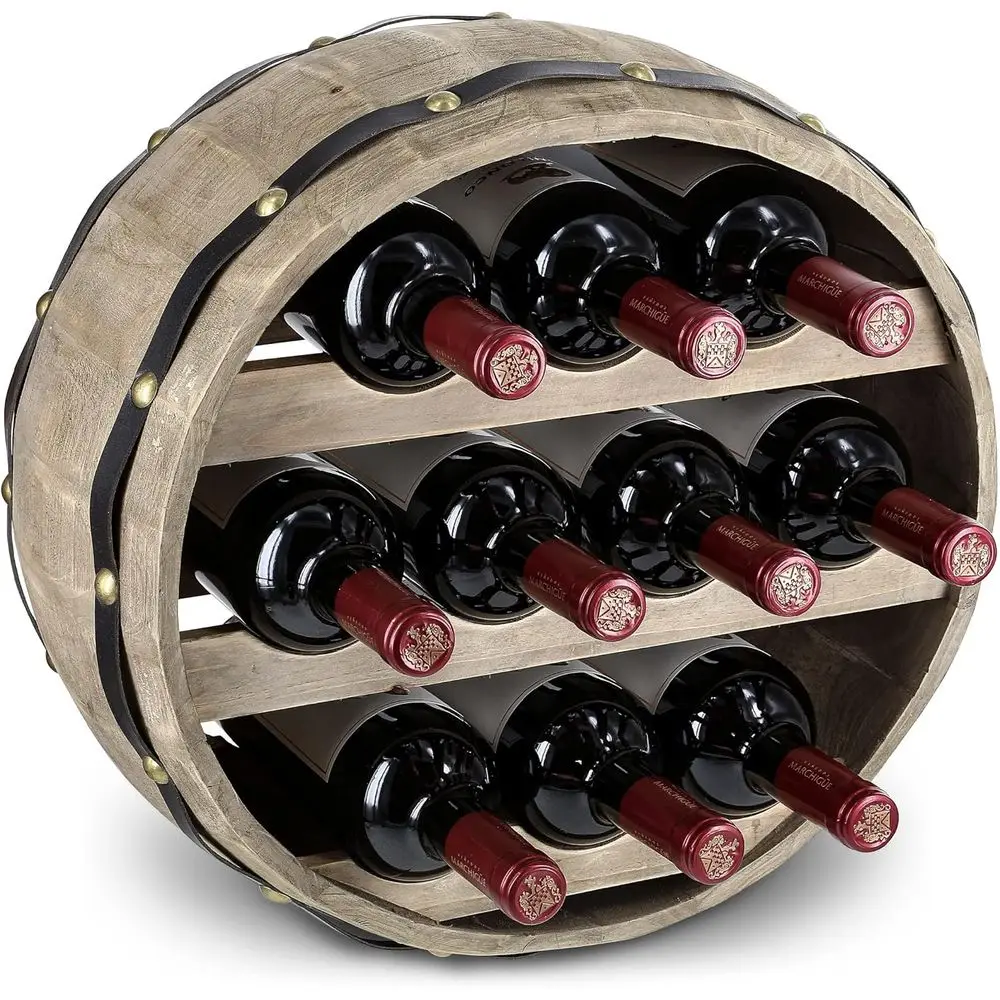 

Barrell Wine Rack - Natural Wood Industrial Wall Mounted Barrel Wine Holder or 10 Wine Bottles, Decorative Wall Mounted Bottle R