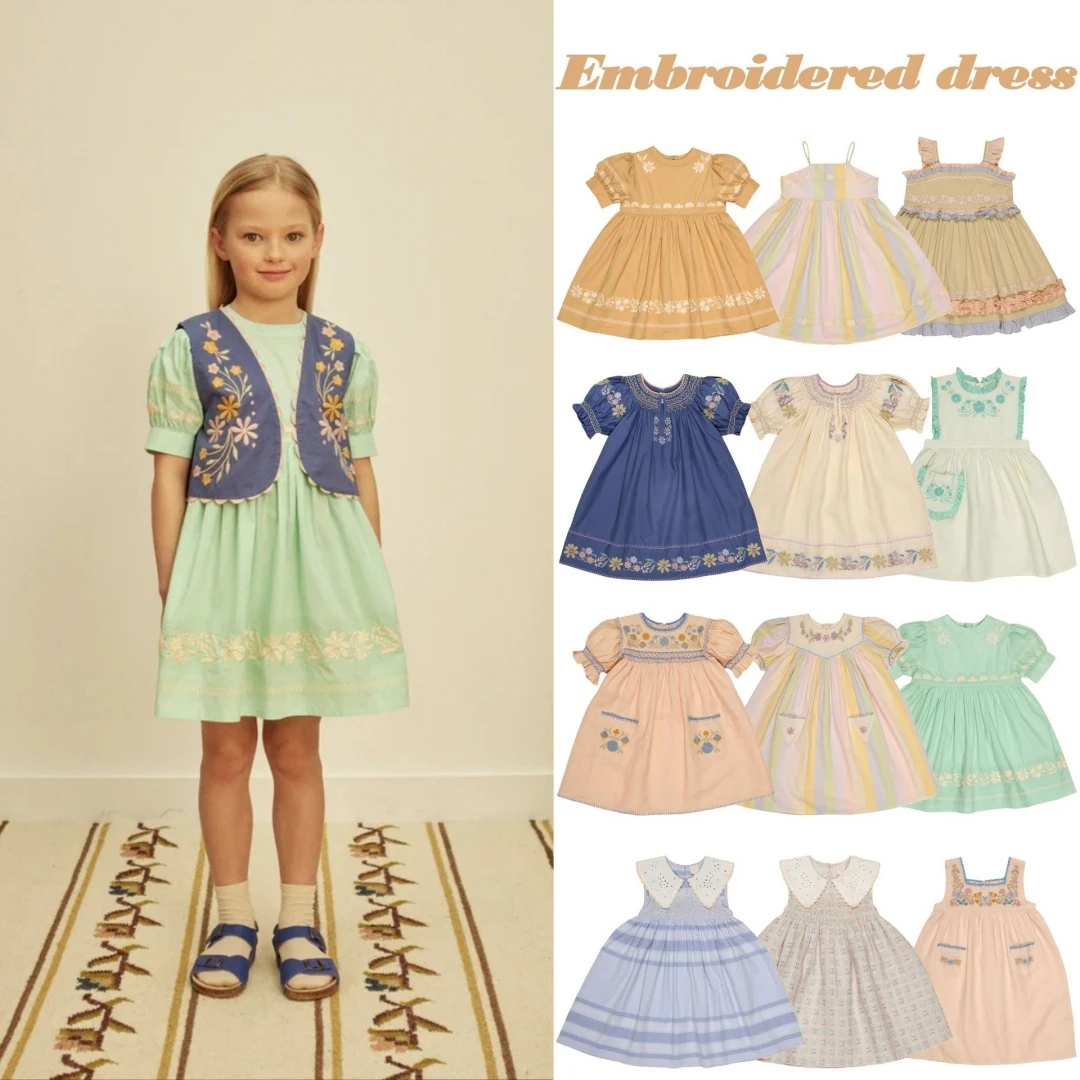

2026SS APO Summer Girls Retro Heavy Industry Princess Dress with Embroidered Flowers And Suspender Style Children's Casual Dress