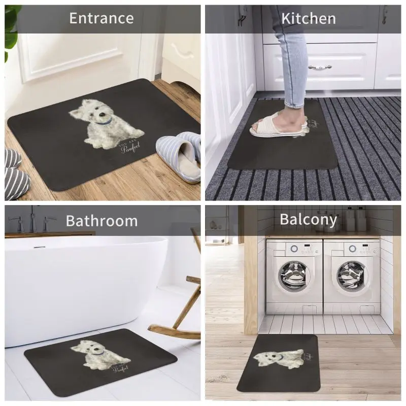 Cute West Highland White Terrier Dog Front Door Mat Anti-Slip Outdoor Absorbent Westie Puppy Doormat Garden Entrance Rug Carpet