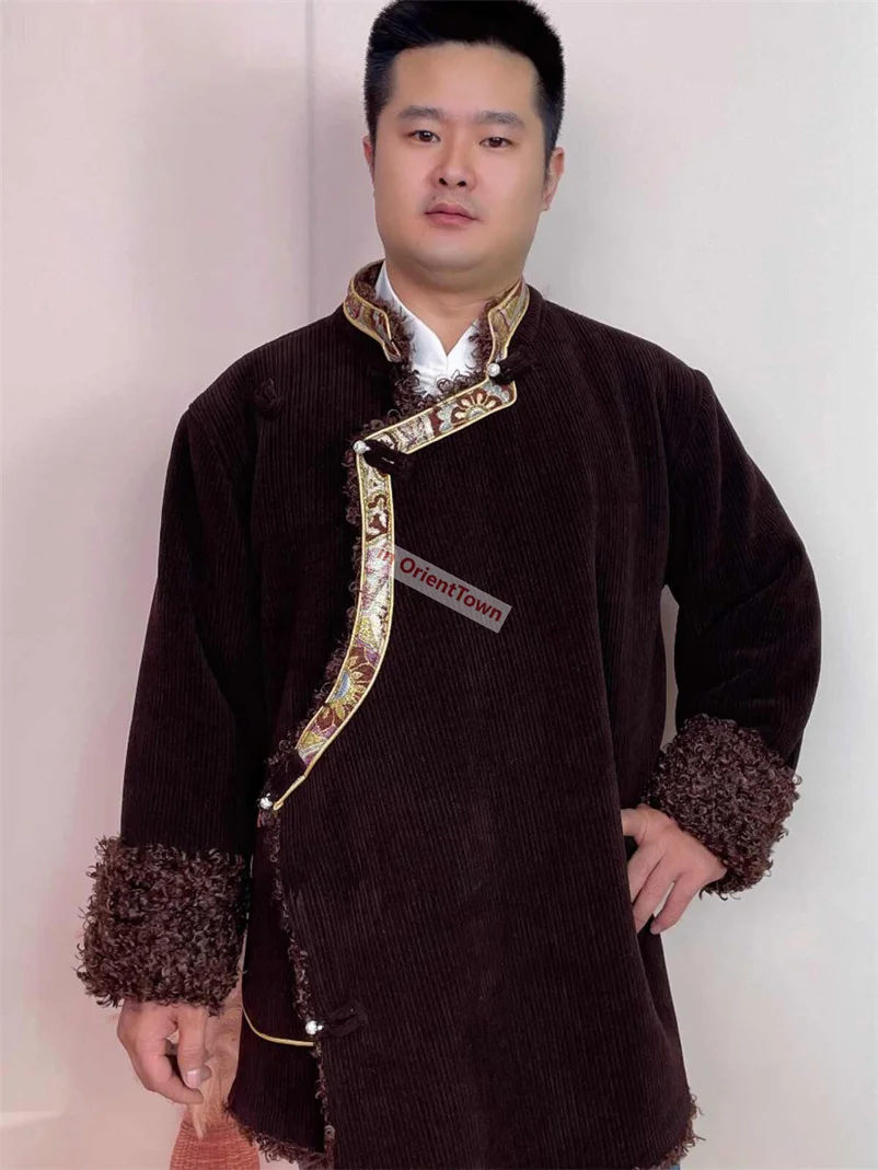 Tibetan Men's Top Wear Winter Velvet Cotton Handmade Ethnic Coat Costume National Clothing Gold Card Edge Tibet Trend Overcoat