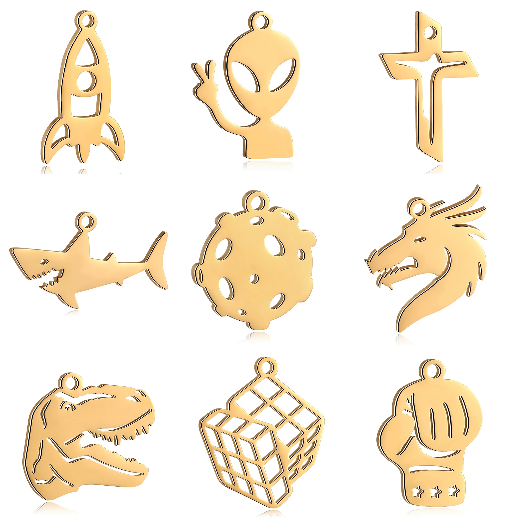 5Pcs Magic Cube/Cross/Space Rocket/Boxing Glove Charms Stainless Steel Dinosaur Punk Pendants Craft DIY Necklace Jewelry Making