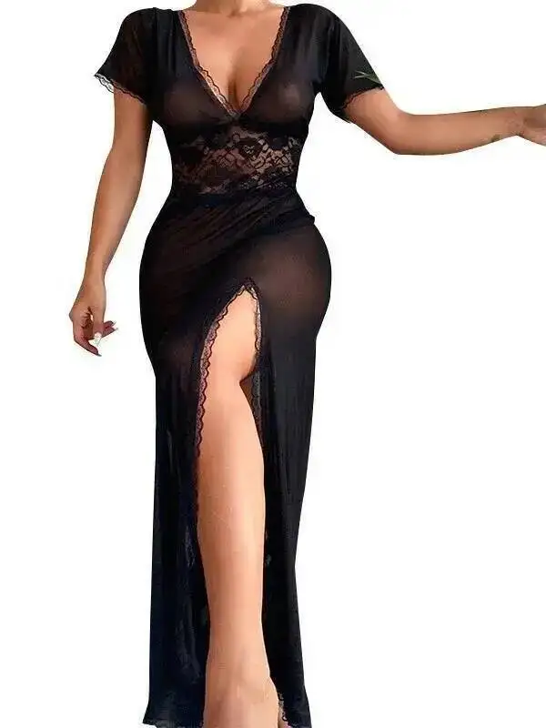 فستان نسائي طويل شبكي بأكمام قصيرة بتصميم كاجوال من Pure Desire فستان شفاف عميق على شكل حرف V بلون سادة أنيق وساحر BZFE