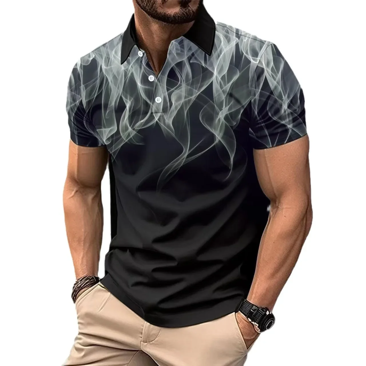 2024 Summer New Young Men's Light Luxury Leisure POLO Shirt Lapel Button High-end Business Digital Print Fashion Blouse S-3XL