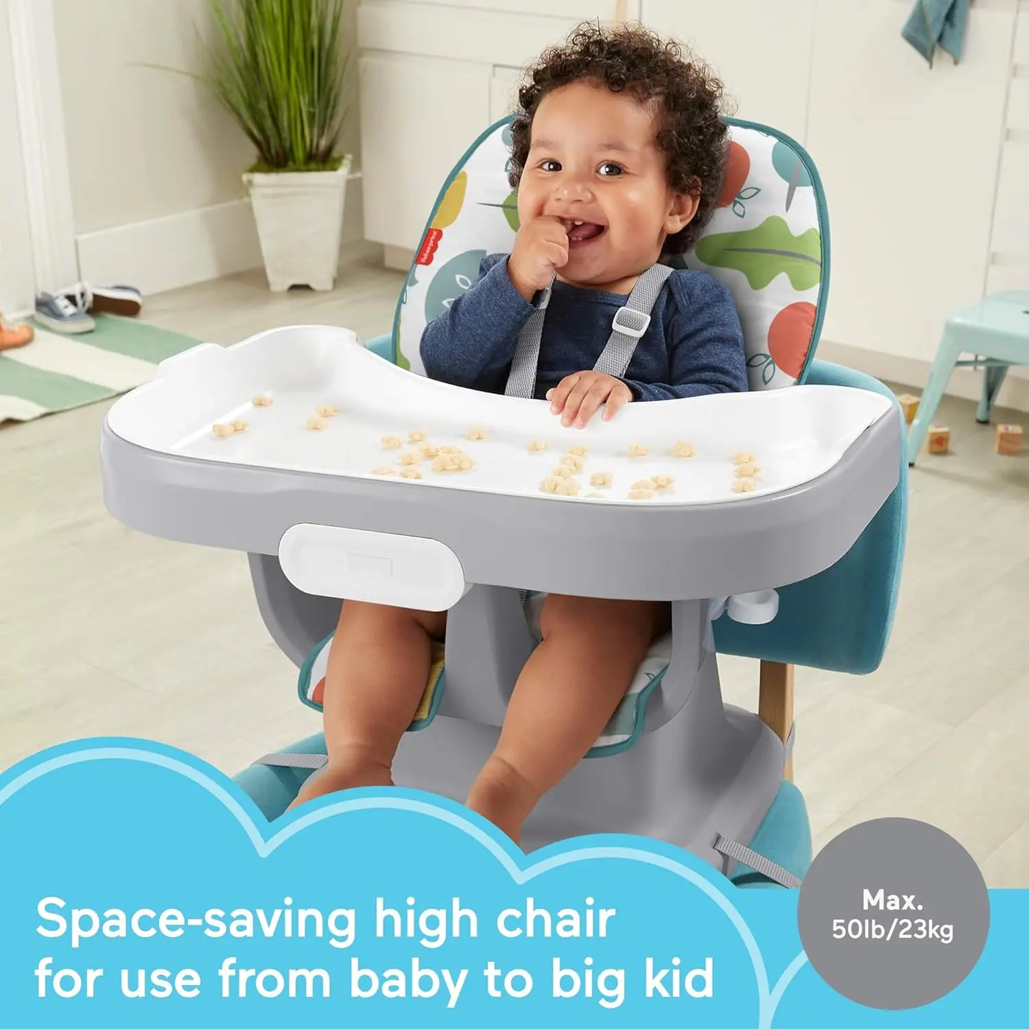 Baby to Toddler High Chair SpaceSaver Simple Clean Portable Dining Seat & Booster with Washable Deep Tray & Liner