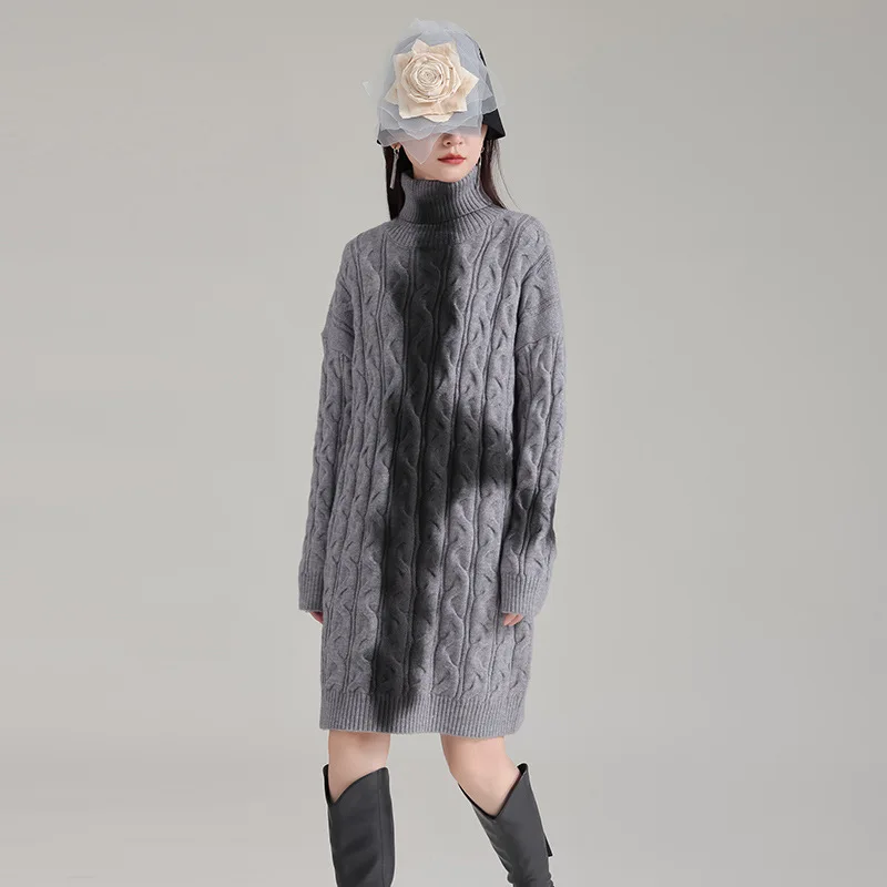 Turtlenecks Knitted Long Sweater Dress Women Cotton Pullover Top Loose Thick Vestidos Mujer 2024 Autumn Winter