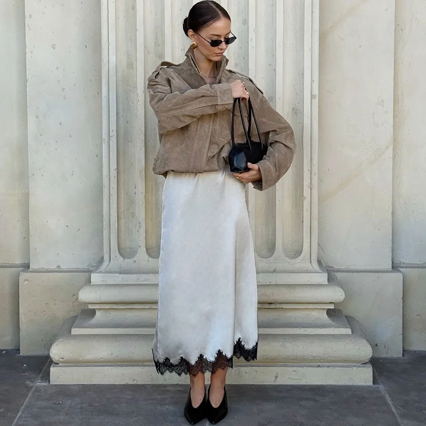 Linad الشارع شيك الأبيض الدانتيل التنانير الطويلة للمرأة أنيقة الساتان ميدي العجل تنورة الإناث الخريف موضة التنانير الحريرية فضفاضة 2025