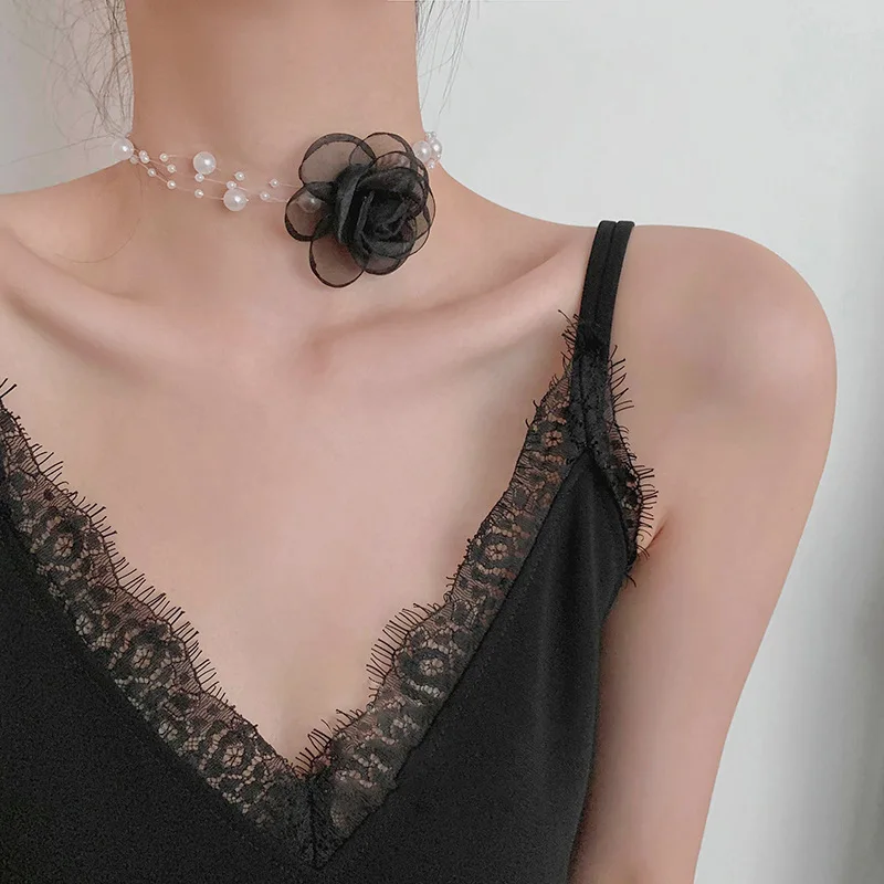 French Romantic Elegant Choker Big Rose Flower Clavicle Chain Necklace For Women Pearl Rope Choker Aesthetic Neck Jewelry