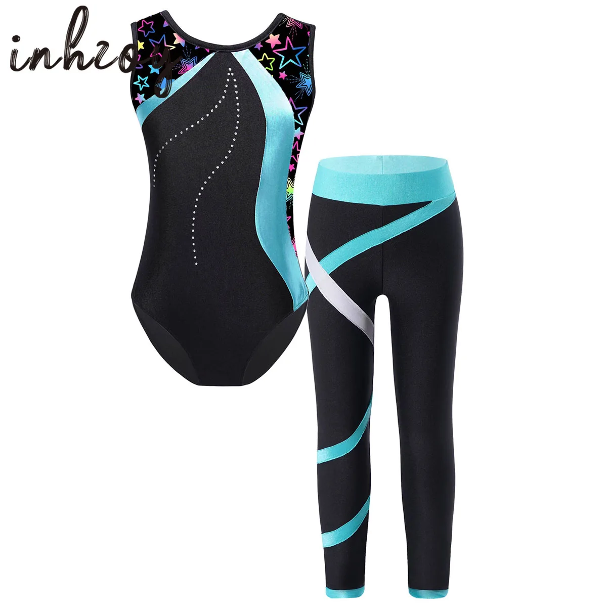 Kid Girls Sports Gymnastics Workout Leotard with Legging Pants Outfits Sleeveless Shiny Rhinestones Ballet Bodysuit Unitards Set