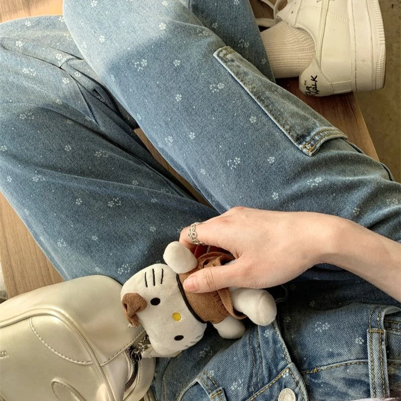 Y2K Jean 2025 Summer Fashion Ladies Floral Denim Pantalons Loose Vintage Jeans Women Casual Elastic Waist Harem Wide Trousers