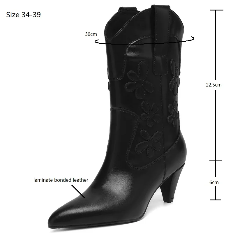 Drestrive 2025 Fashion Women's Mid Calf Boots Laminate Bonded Leather Pointed Toe Spike Heels Winter Shoes Flower Handmade