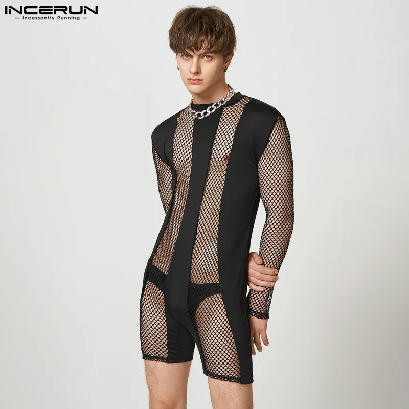 INCERUN 2024 Sexy Mesh Loungewear New Mens See-through Mesh Bodysuit Sexy Stylish Male Splicing Solid Long-sleeved Rompers S-5XL