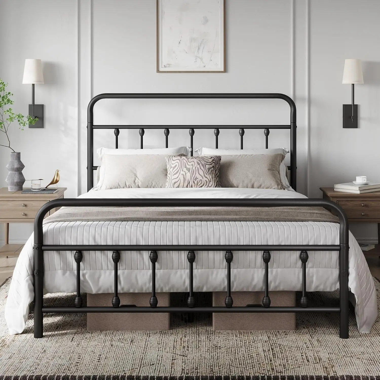 Metal Platform Bed Frame Mattress Foundation with Victorian Style Iron-Art Headboard/Footboard/Under Bed Storage