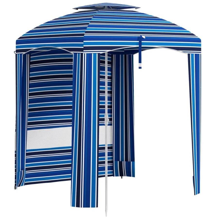 5.8' x 5.8' Portable Beach Umbrella with DoubleTop Ruffled Outdoor Cabana with Walls Vents Sandbags Carry Bag Blue Stripe