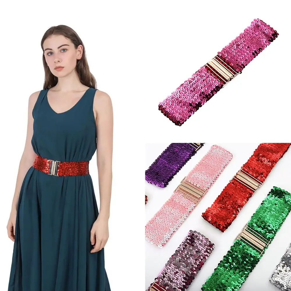 

Fashion Elastic Sequin Stretch Belt Eye Catching 60cm Shinny Waistband Gold Buckle Wide Waist Belt Dresses