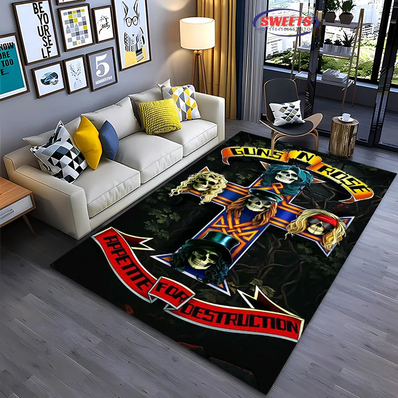 3D Classic Band Guns and R-Roses Carpet for Living Room Kid's Bedroom Mat Sofa Doormat Floor Rug Anti-slipTapete Decor Mat Gifts