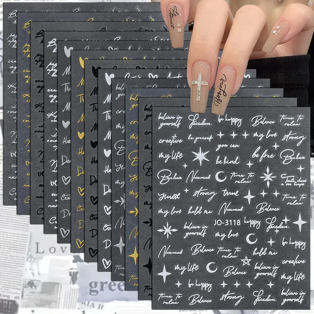 3 to 12 Sheets 3D Inspirational Quote Letter Heart Star Nail Stickers Gold Silver Script Self-Adhesive Nail Art Stickers