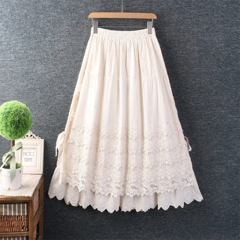 Spring Autumn New Sweet Mori Girl Floral Embroidered Pockets Skirt Women Elastic Waist Casual Cotton Skirt