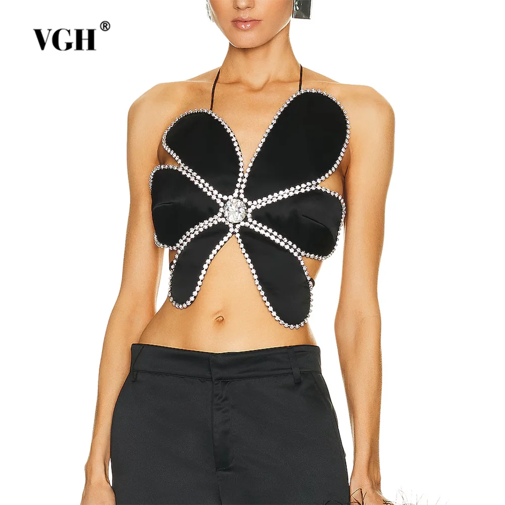 

VGH Sexy Patchwork Diamonds Backless Tank Tops For Women Halter Sleeveless Spliced Lace Up Slimming Short Vests Female Fashion