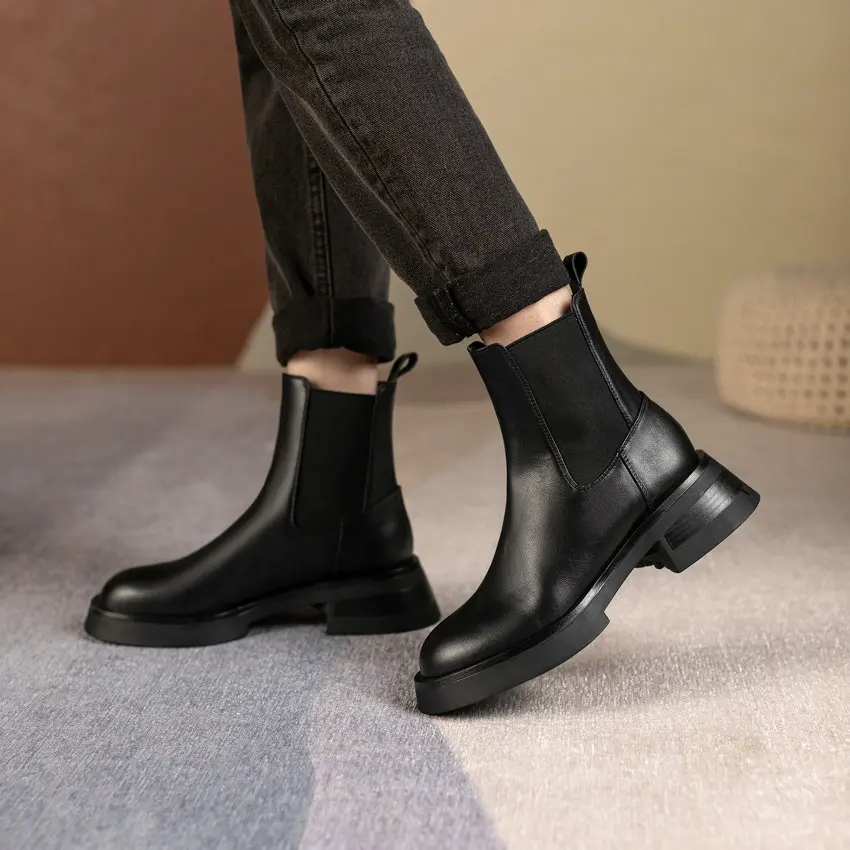 QUTAA 2024 Women Ankle Boots Chelsea Genuine Leather Platform Thick Med Heels Casual Shoes Woman Autumn Winter Size 34-39