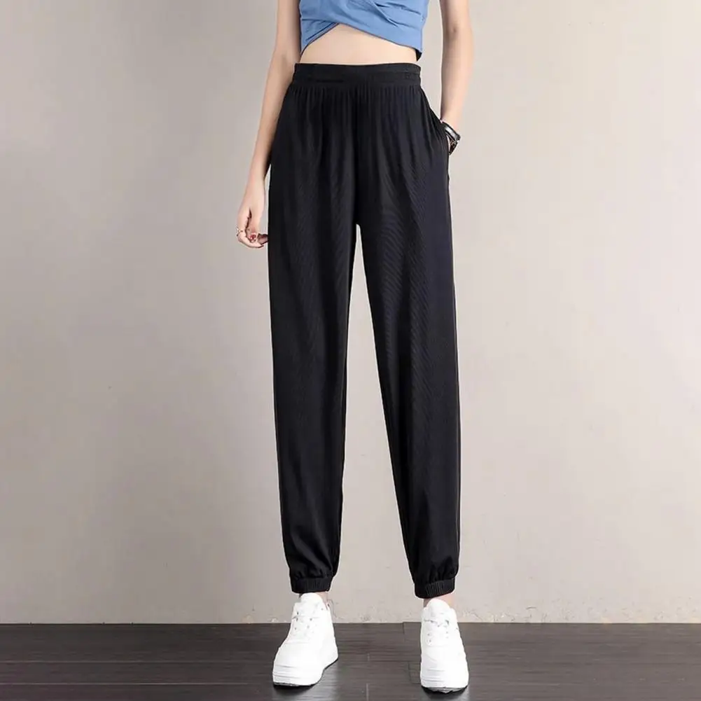 

Loose Fit Flattering Leg Shape Trousers Solid Color Elastic Waist Women's Casual Pants with Reinforced Pocket Seams for Thin