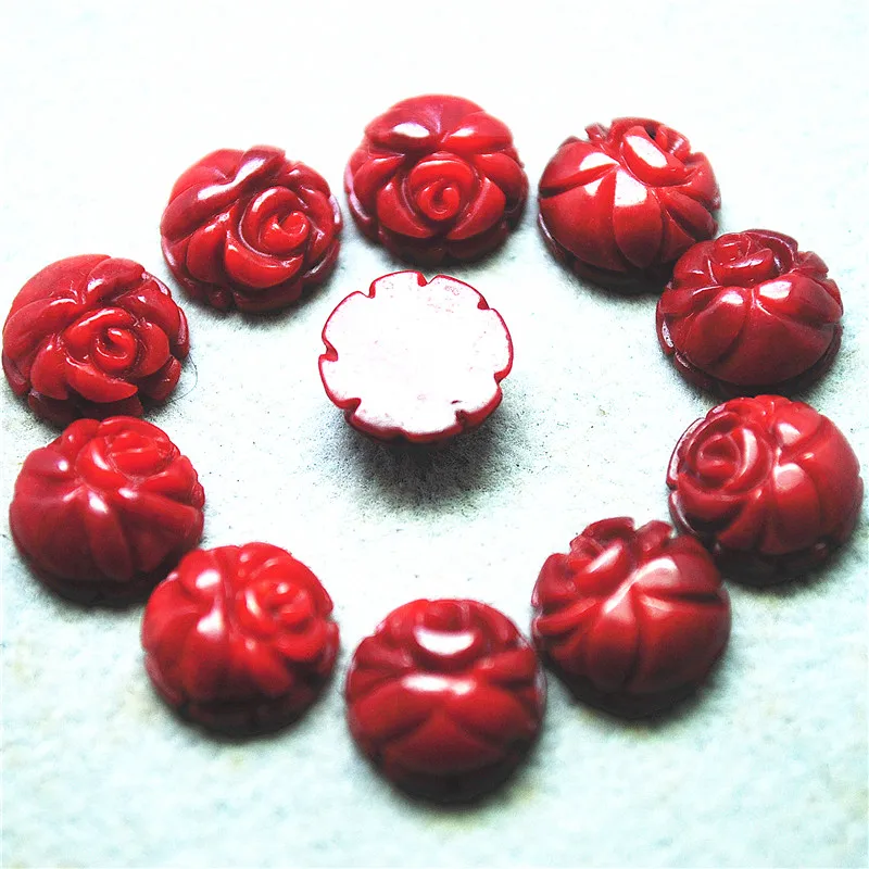 10PCS Carving Red Coral Cabochons Flower Designs Size 10MM For Fashion DIY Jewelry Pendants Making New Arrivals Wholesale