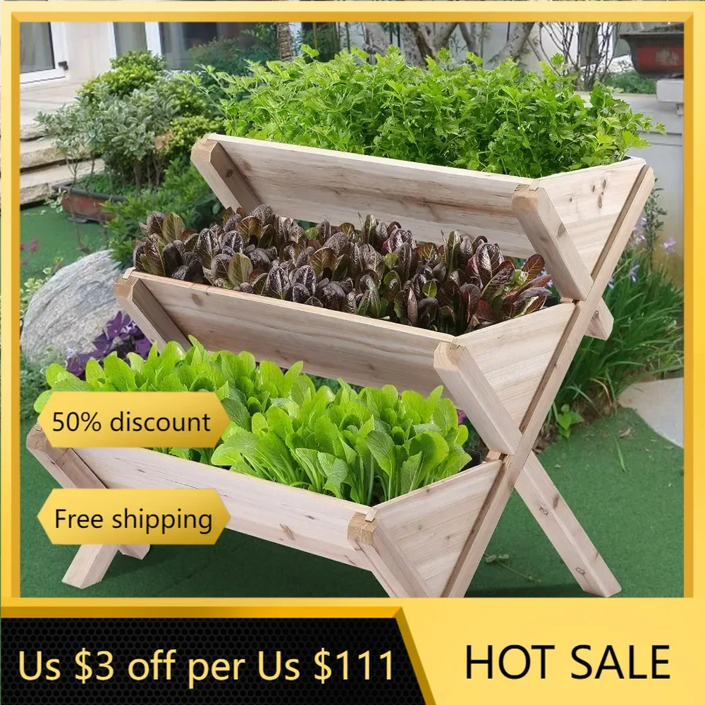 Cama de jardín elevada vertical de madera de 3 niveles con patas, kit de camas elevadas para macetero para flores, hierbas y verduras, natural