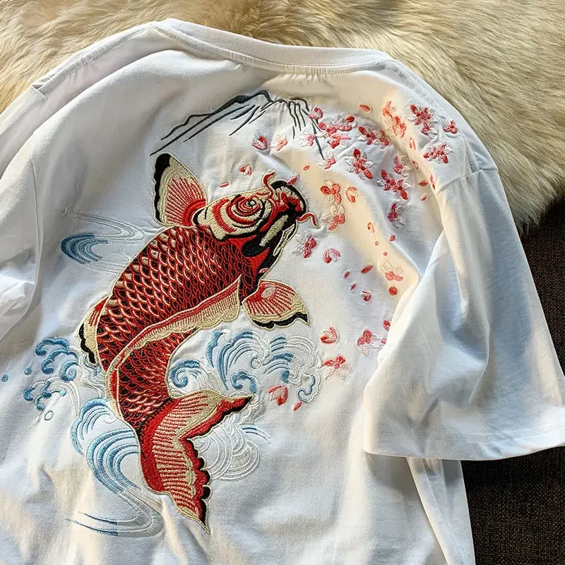 Harajuku Design Boho Floral Fish Embroidery T Shirts Vintage Street Fashion Woman Tshirts O-neck Loose Casual White Summer Tops