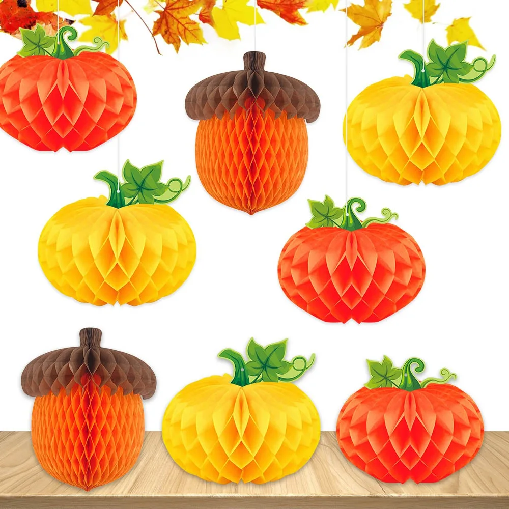 【セール中】3 ピース/セットカボチャ栗 3D ハニカムペンダント感謝祭ハロウィンパーティーの装飾ハニカムペンダント秋の収穫祭