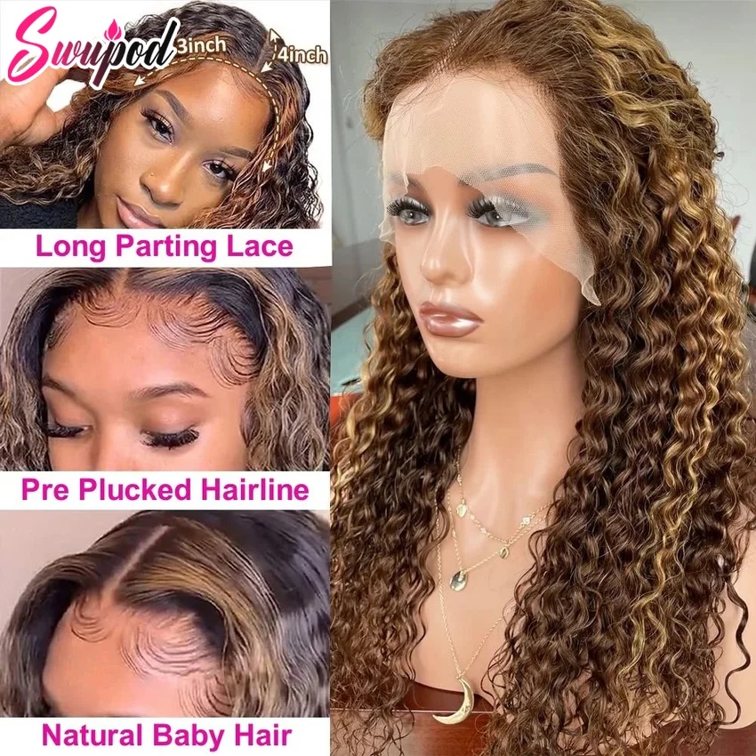 13x4 HD Lace Front Wig for Women Water Deep Wave Remy Human Hair P4/27 Piano Ombre Blonde Brown Highlight Glueless Pre Plucked