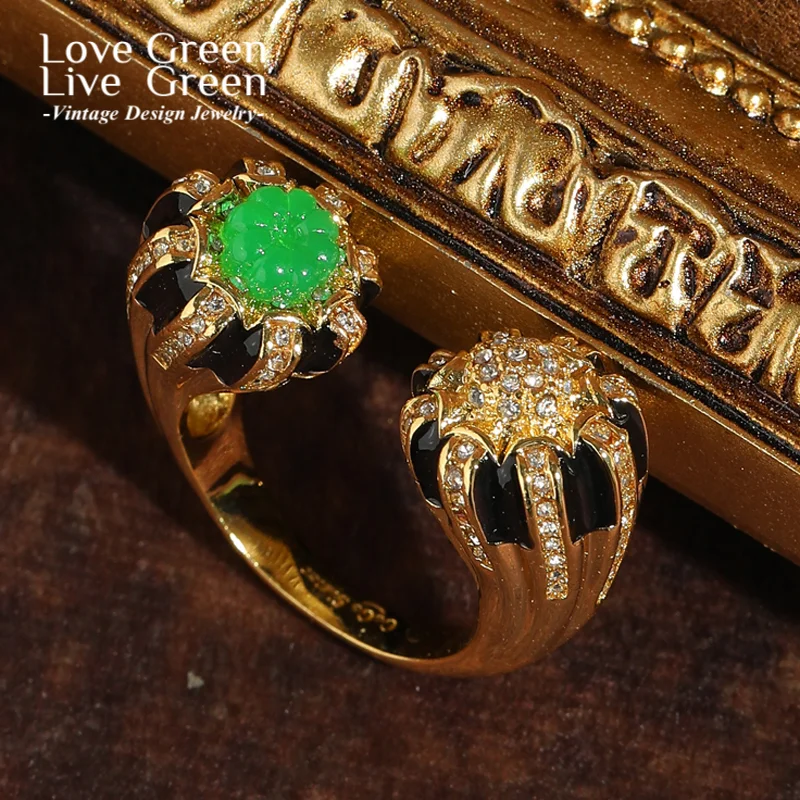 

Vintage Green Glaze Pumpkin Rings Ball Elegant Women Gold Color Rhinestone Unique Luxury Jewelry Designer Gifts Halloween New